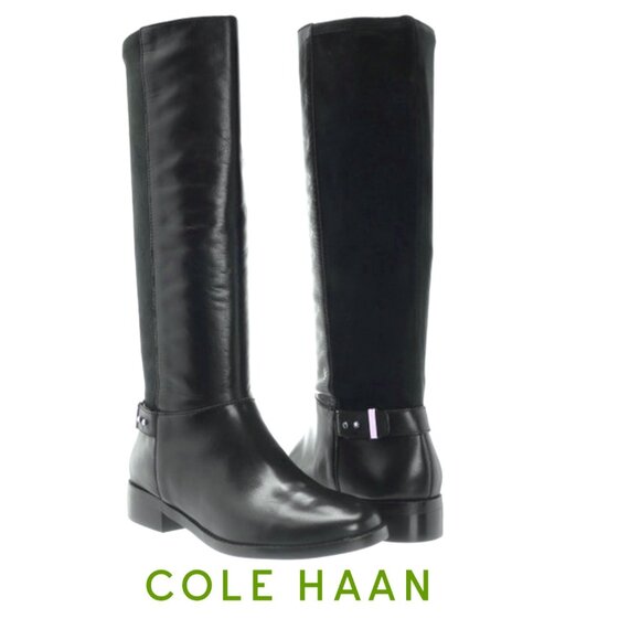 Cole Haan Adler Leather Suede Patchwork Tall Riding Boots Adjustable Gray 7.5 - Picture 1 of 13